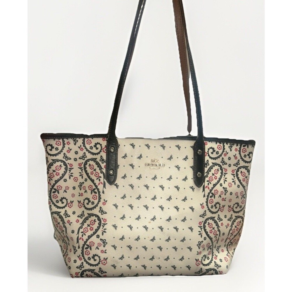 COACH Vintage Paisley Butterfly City Tote Bag Purse Leather Pink White Black